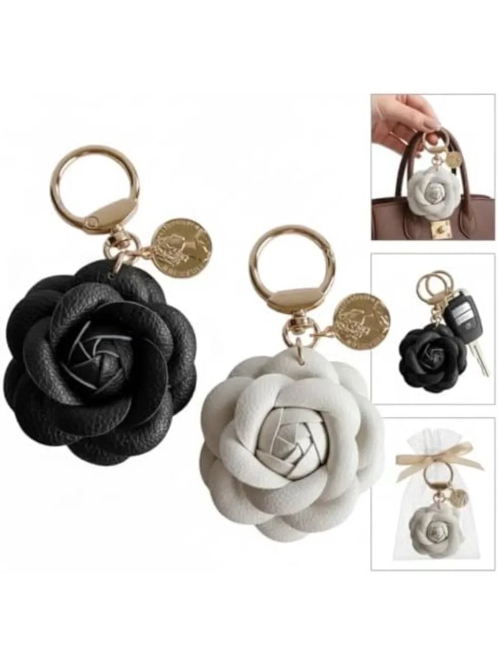 Set of 2 Leather Flower Bag Charms - Cute Rose Keychains for Handbags & Totes